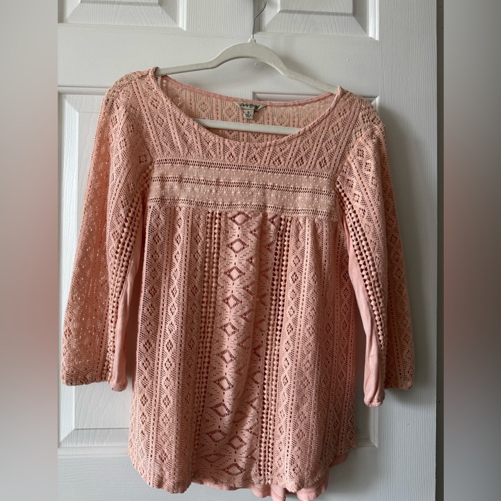 Lucky brand Boho top, S, pale pink, slip over, 3/4 sleeves, boat neck, NWOT